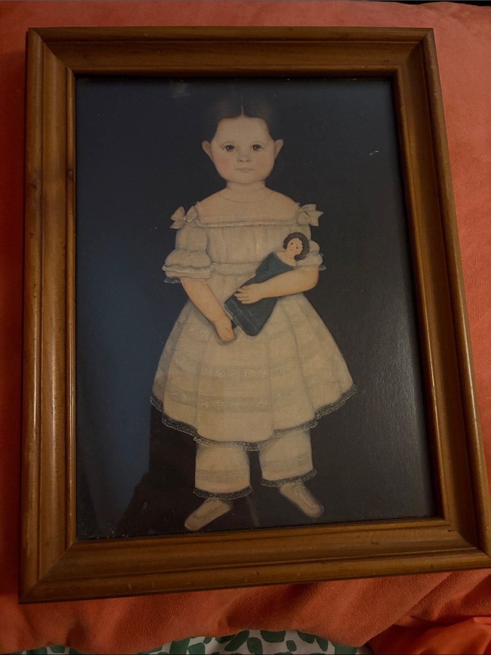 Antique-Style Framed Portrait of Girl Holding Doll - Cream Dress